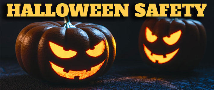 Jackolanterns and text saying Halloween Safety